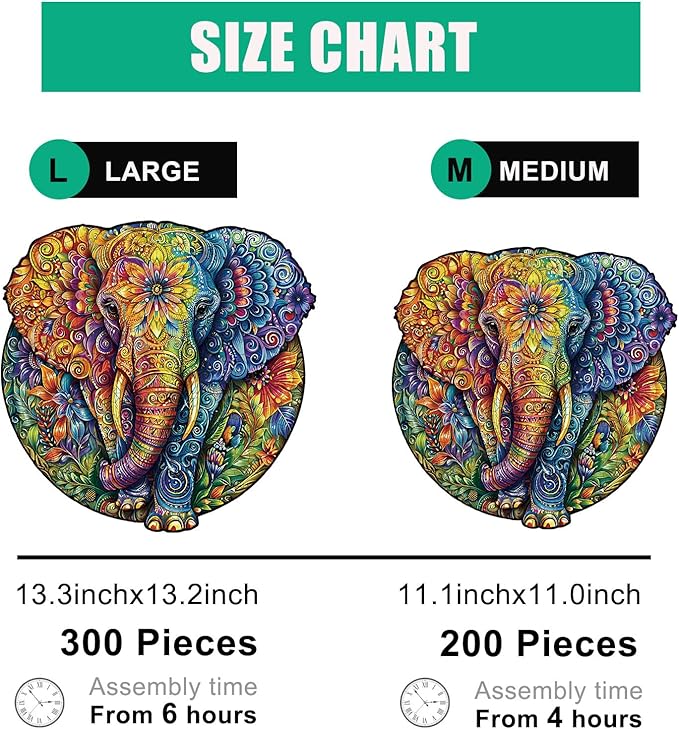 Wooden Jigsaw Puzzle for Adults - Mandala Elephant Unique Animal Shaped, 13.3x13.2in, 300 Pieces, Zen Art, Challenging and Fun Gift