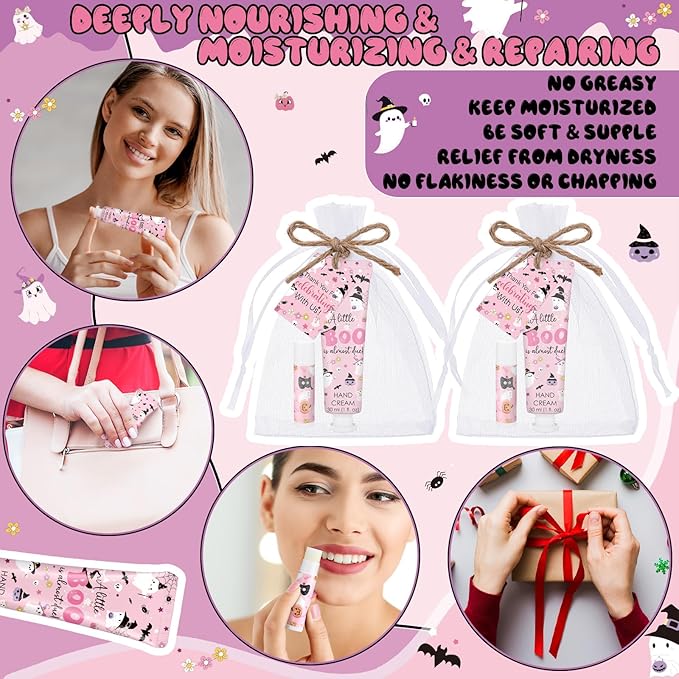 24 Sets Halloween a Little Boo Is Almost Due Baby Shower Hand Cream and Lip Balm Gift Travel Size Hand Lotion and Lip Balm with Organza Bags Tags Pink Black Halloween Baby Shower Favors for Guests