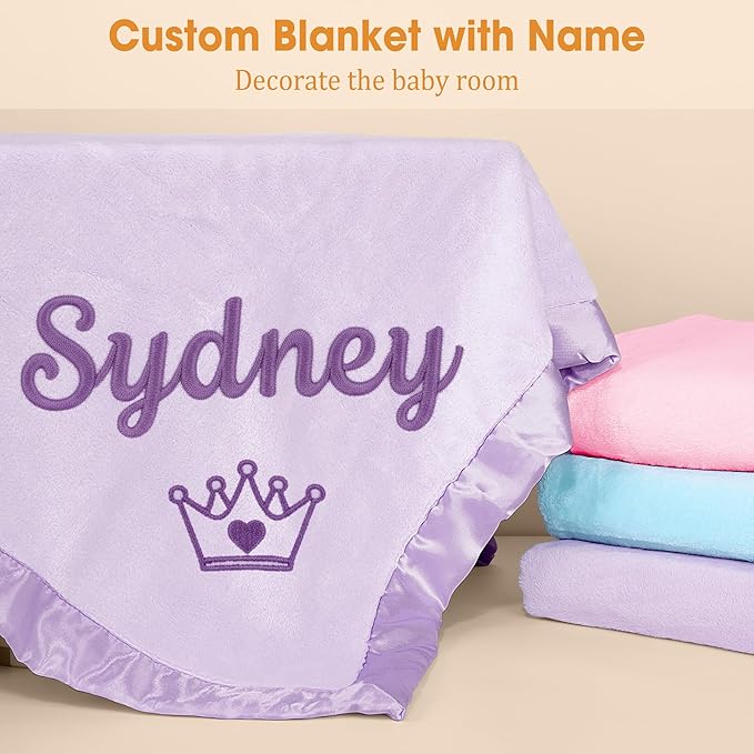 Personalized Baby Blanket with Name, Custom Flannel Swaddle Blankets, Customized Embroidered Receiving Blanket for Girls, Baby Shower Birthday for Newborn - Purple(36" x 36")