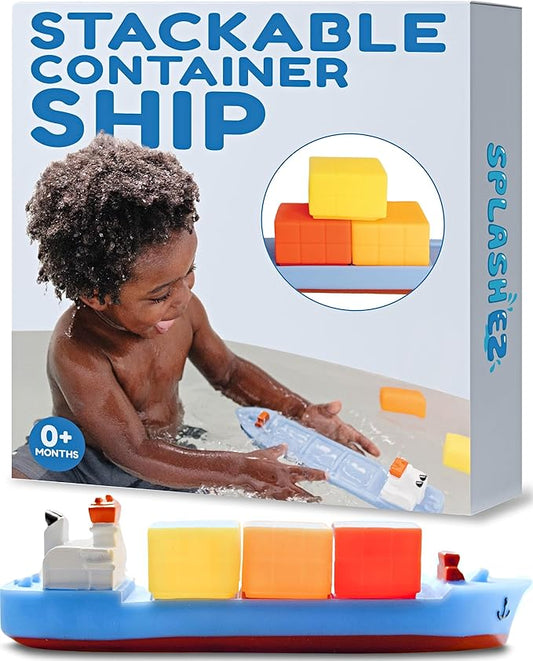 SplashEZ Bath Toy Boat for Kids & Toddlers | Mold Free Cargo Ship Toy for Bathtub Play with No Hole for Water | Ideal Size for Little Hands for Boys & Girls Ages 0 & Up