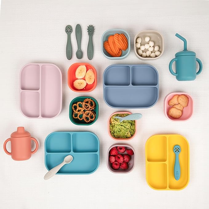 Bella Tunno Little Bites Bundle Baby Feeding Set with Bowl, Plate, Utensils, Cup, Lids; Baby Led Weaning Supplies; 100% Food-Grade Silicone (Circus Fun)