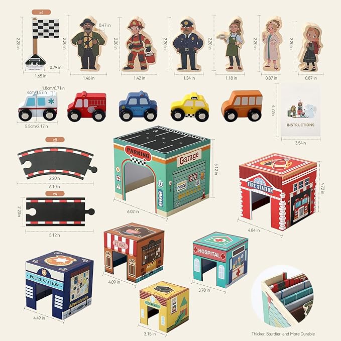 Montessori Scene with Train Tracks Set for Kids, Sorting & Stacking Blocks Toys with Wooden Cars & Community Helpers,Toddler Number Blocks Nesting Boxes, Preschool Learning Toys for Boys Girls Gift