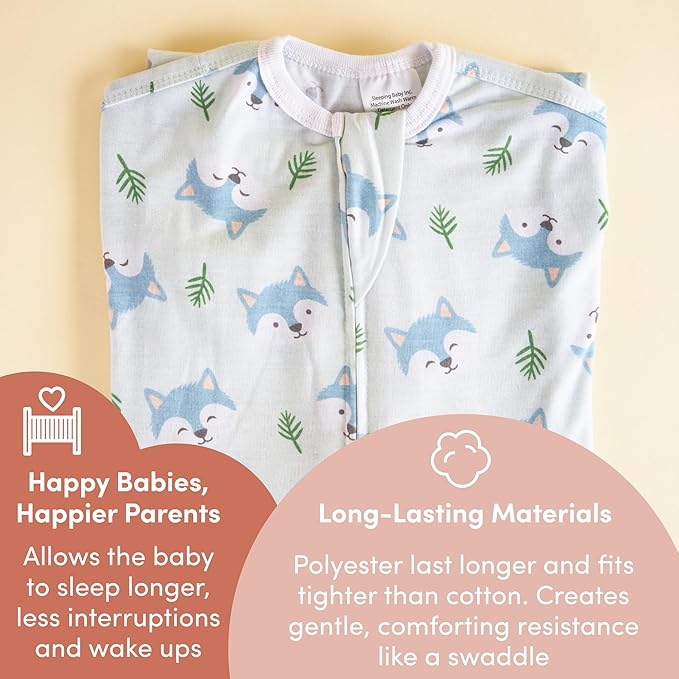 SleepingBaby Zipadee-Zip Transition Swaddle - Cozy Baby Swaddle Blanket with Zipper Convenience - Roomy Wearable Blanket for Easy Diaper Changes - Happy Wolf, Large (12-24 Month)