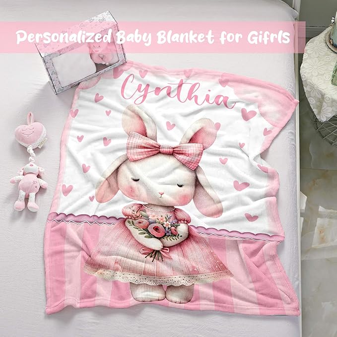 Personalized Baby Blanket for Girls, Custom Baby Blanket with Name, Soft Cozy Personalized Name Blankets for Kids, Customized Rabbit Blankets for Infant Toddler Birthday Christmas