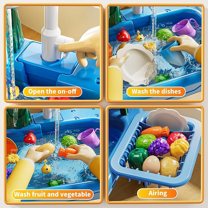 Water Table Play Sink Toy for Kids 2 3 4 5 6 Years Old - Outdoor Kitchen with Running Water, Fishing Games, Toddler Water Play Table for Kids Ages 3-8, Beach Outdoor Toys, Summer Gifts