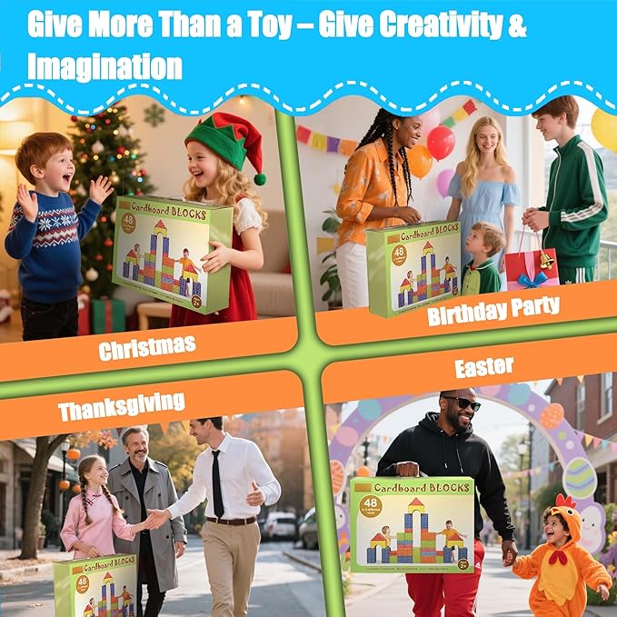 Cardboard Building Blocks for Kids 48pcs: Jumbo Gifts Heavy Duty Develop Creative Thinking Spatial Reasoning Easy to Assemble