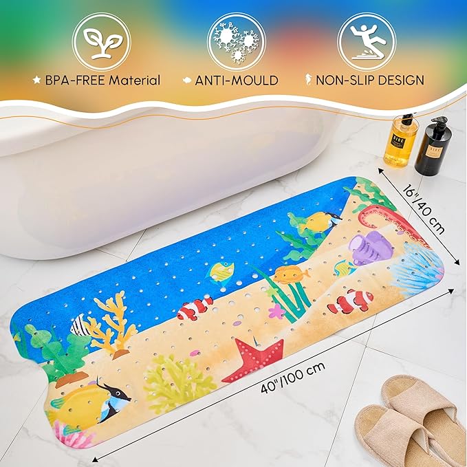 Vannokor Baby Bath Mat for Tub Non Slip Kids, 40 X 16 Inch Extra Long Bathtub Mat with Drain Holes and Suction Cups, Anti Slip Shower Mat Machine Washable, Submarine Park