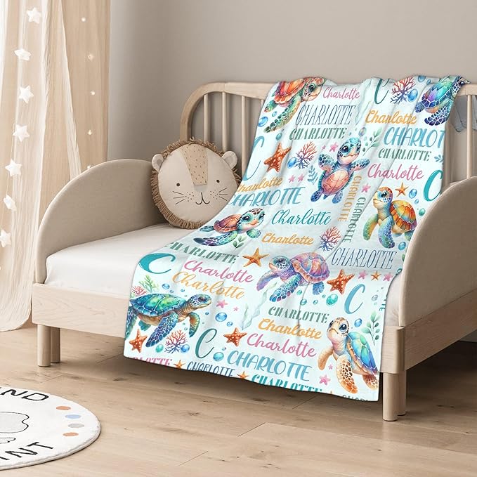 Personalized Custom Baby Blanket with Name - Sea Turtle Swaddle Blanket for Toddlers, Infants, Kids, Newborns - Nursery Stroller Crib Decor Throw - Birthday Gift
