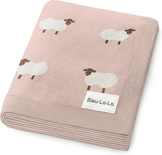 Luxury Knit Baby Receiving Blanket - 100% Cotton Soft Cozy Lightweight Receiving Swaddler Blanket for Shower Gift Registry for Newborns Infants Toddlers (Sheep - Light Pink)