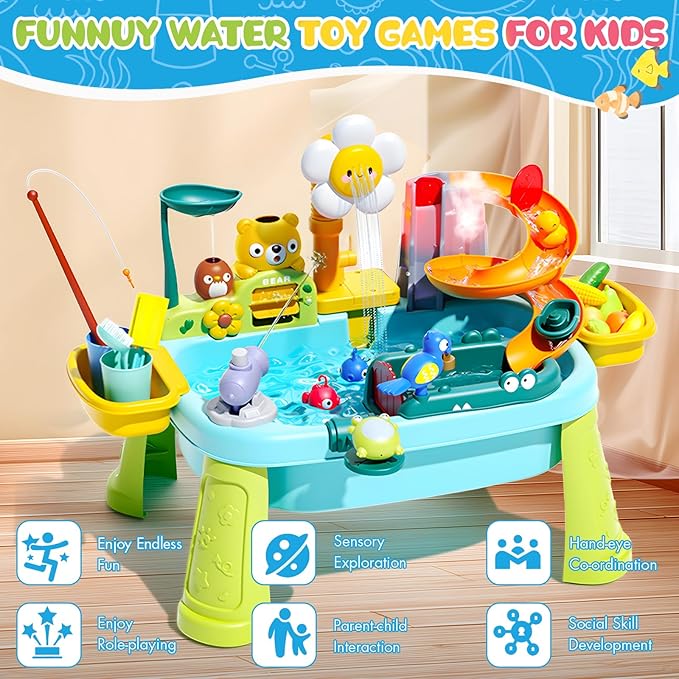2026 Upgraded Toddler Sand Water Table Toy with Electric Water Pump, Kids Sand Water with Faucet/Play Food Accessories/Fishing Toy, Kitchen Play Sink Toys for Girl Boy Age 3+ (Blue)