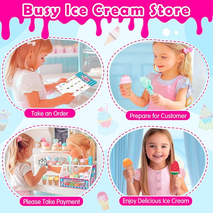 Wooden Ice Cream Toys Kids Toy Food for Toddler Girls 3+, Ice Cream Shop Playset, Pretend Play Kitchen Toys with Display Counter & Fake Money - Wooden Food Toys for 3 4 5 Year Old Girls Boys Birthday