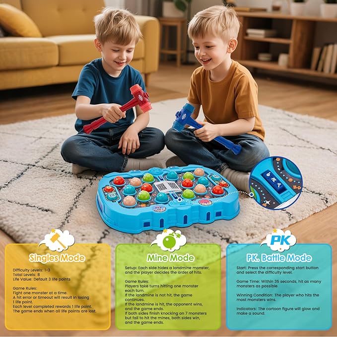 Whack a mole Game for 3 4 5 6+ Year Old Boys, Interactive Pounding Bench with 9 Speed Levels, Interactive Educational Toy with Sound and Light,PK Mode with 2 Hammers