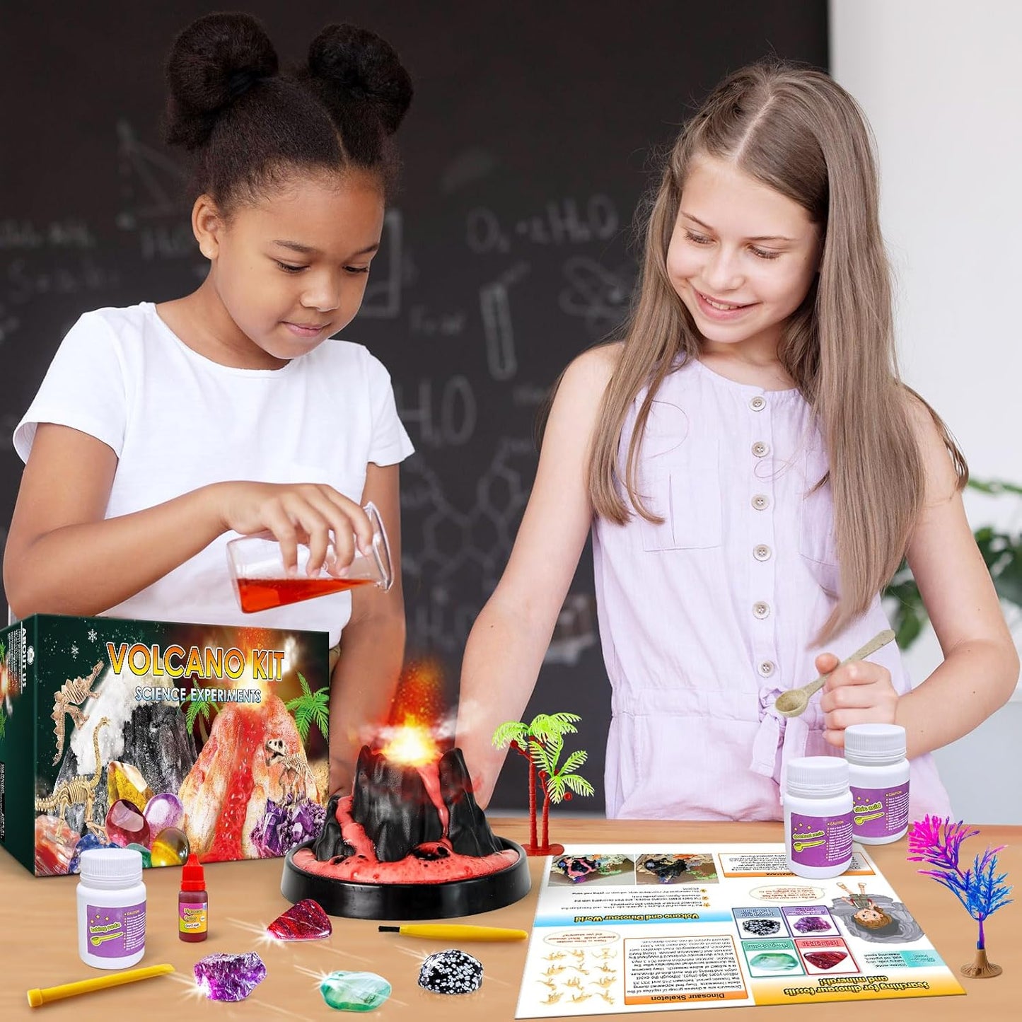 UNGLINGA Erupting Volcano Science Kit for Kids, Gemstone Donosaur Dig Volcano, Snow Eruption Volcano, Chemistry Experiment Lab Toys Gift for Boys & Girls