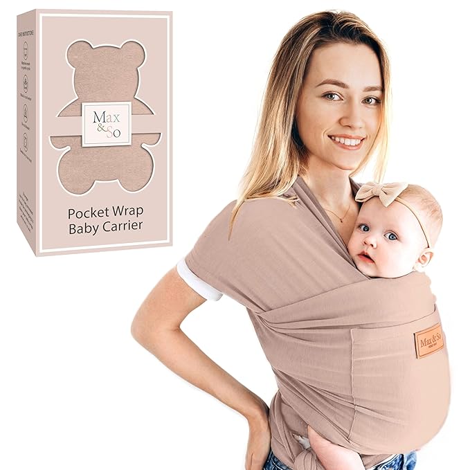 Baby Wrap Carrier - Premium Cotton Baby Carrier Wrap for Newborn to Toddler- Infant Carrier- Baby Holder One Size Fits All with Front Pocket(Beige) by Max&so