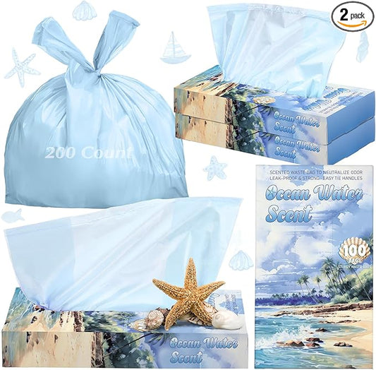 200 Count Ocean Water Scented Small Trash Bags Small Diaper Baggies for Adult Briefs Feminine Hygiene Baby Diaper Disposable Bags Pet Waste Sacks with Easy-to-tie Tabs