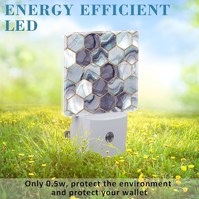 Hexagon Golden Blue Marble Night Light Plug into Wall with Dusk to Dawn Sensor Cute Nightlight for Kid Girls Boys Women Men Room Decor, Hallway, Kitchen, Bathroom, Nursery, Stairs
