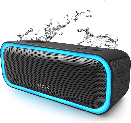 DOSS SoundBox Pro Bluetooth Speaker with 20W Stereo Sound, Active Extra Bass, 20H Playtime, IPX6 Waterproof, TWS Pairing, Multi-Colors Lights, Portable for Hiking, Camping, Beach, Outdoor, Party-Black