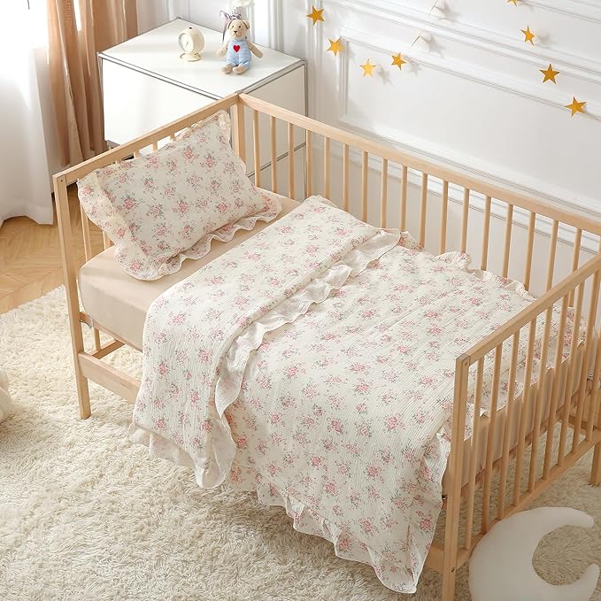 100% Cotton Muslin Crib Comforter/Quilt,Ultra Soft Cozy Reversible Baby Blanket,All Season Toddler Blankets for Boys and Girls, Machine Washable,41"x48"