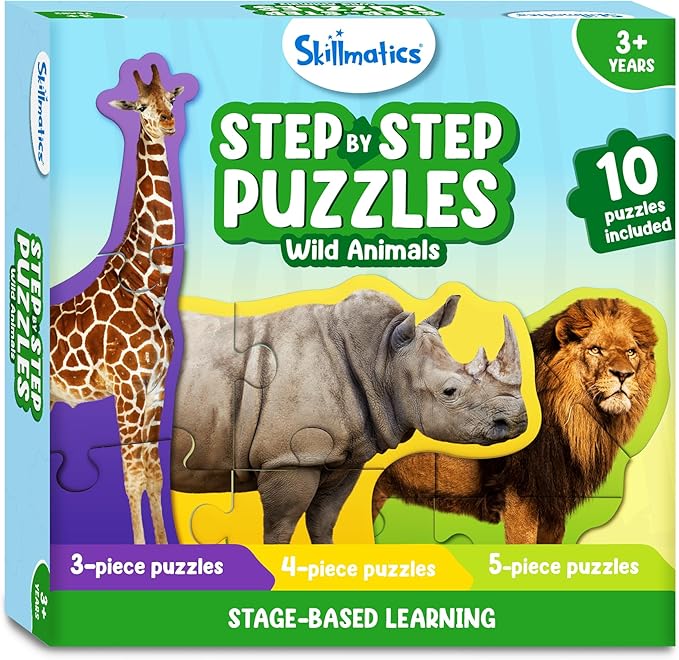 Skillmatics Step by Step Puzzles - 40 Piece Jigsaw & Toddler Puzzle, Montessori Educational Toy for Boys & Girls, Wild Animals, Travel Friendly, Gifts for Kids Ages 3, 4, 5 and Up