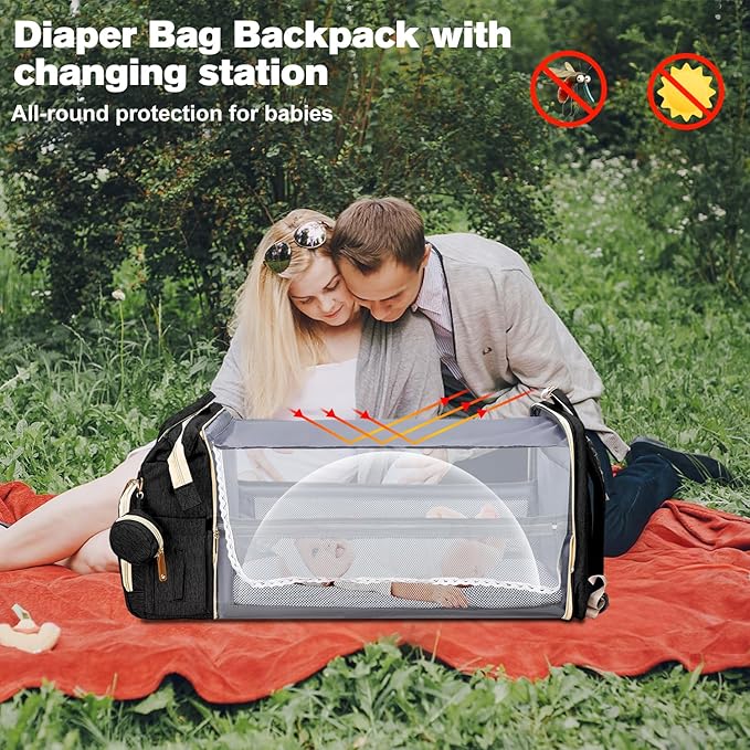 Diaper Bag Backpack, Large Waterproof Lightweight Diaper Bag with Changing Station, Insulated Pockets, USB Port & Stroller Straps, Travel Baby Bag for Mom and Dad, Baby Shower Gifts (Black)