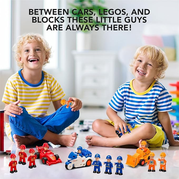 FUNERICA 12-Pcs People Figures and Toy Cars Playset - Fireman, Police, Construction Workers - Pretend Play Vehicle & Figurine Set Accessories for Kids - Emergency Rescue & Construction Toys