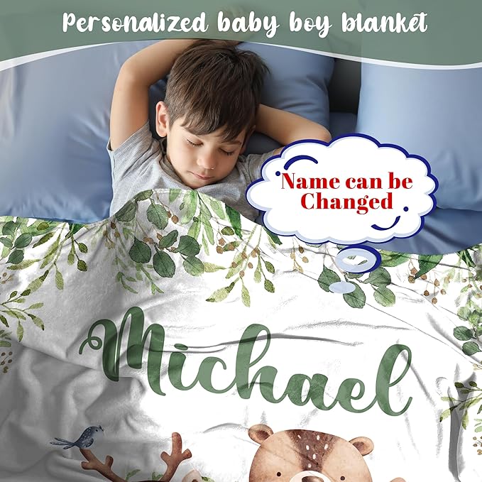 J&SBGFT Personalized Baby Blanket for Boys with Custom Name, Jungle Animal Receiving Blanket for Toddlers, Kids Nursery, Stroller, Crib, Decor Throw