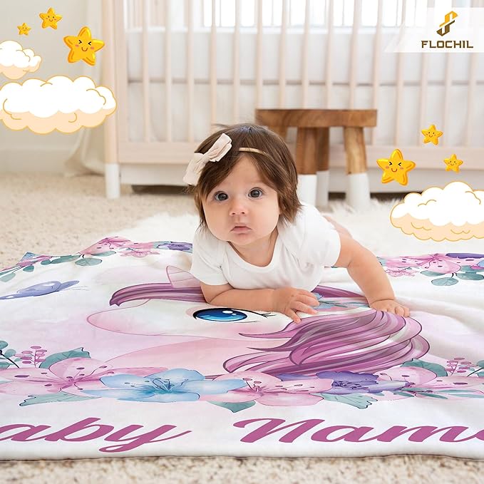 FLOCHIL Personalized Baby Blanket for Girls, Custom Baby Blanket with Name, Customized Baby Products, Gift for Baby, Newborn, Baby Shower (Unicorn)