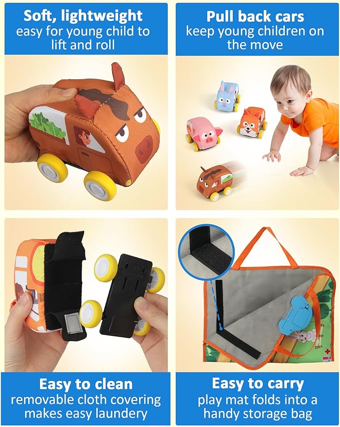 Coogam Musical Cars Play Mat for 1 2 3 Year Old Toddlers Easter Basket Stuffers, Soft Pull-Back Vehicle Set with Farm Animals Playmat Rug, Baby Fine Motor Montessori Toys Game