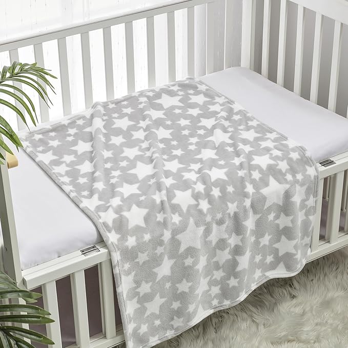 CREVENT 30"X40" Cozy Soft Warm Fleece Baby Blanket for Girls Boys, Newborn Essentials for Infant, Baby Shower Receiving Gift - Star Grey 75X100cm + Hugging Bunny