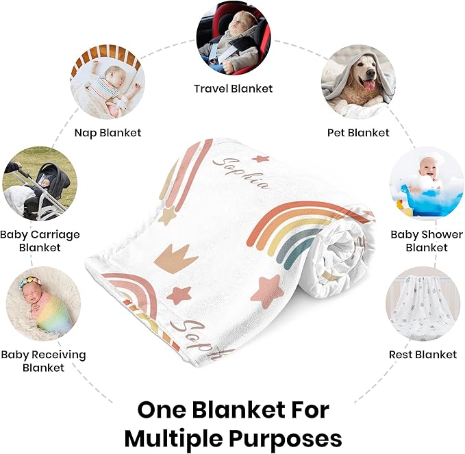 Custom Boho Rainbow Blanket with Name, Personalized Nursery Receiving Blankets for Baby Girls, Customized Newborn, Christmas Birthday Gifts for Girls