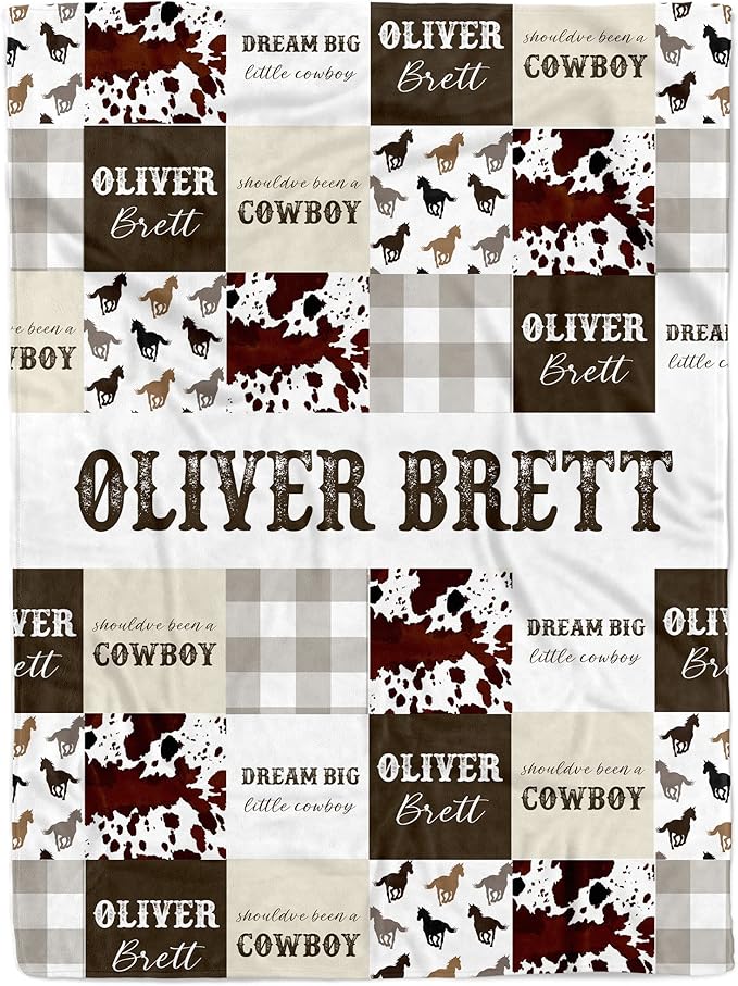 MDPrints Custom Baby Blankets for Boys and Girls, Personalized Baby Gifts, Customized Newborn Blanket with Name, Minky Plush Fleece (Cowboy 580a)