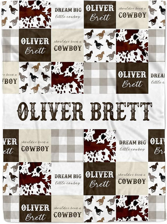 MDPrints Custom Baby Blankets for Boys and Girls, Personalized Baby Gifts, Customized Newborn Blanket with Name, Minky Plush Fleece (Cowboy 580a)