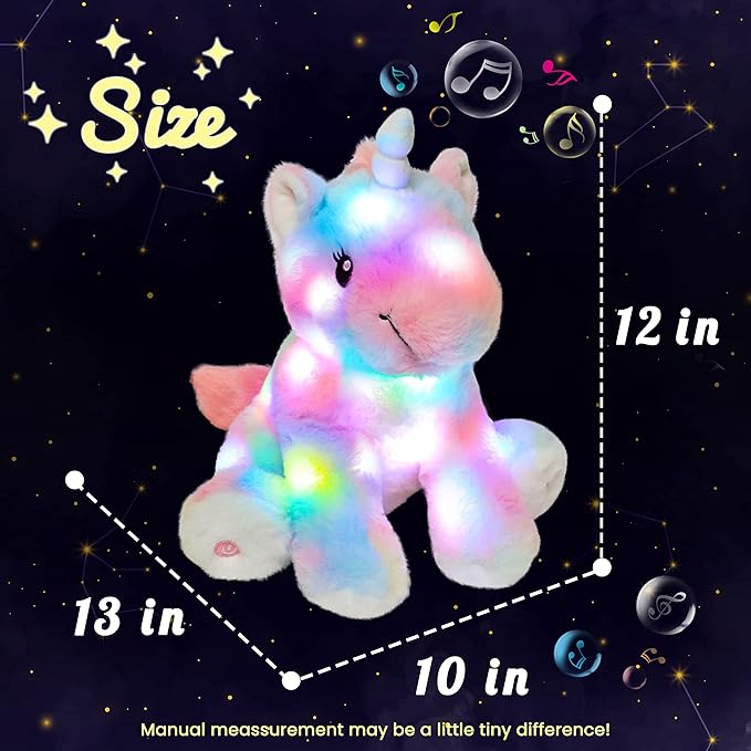 Hopearl LED Musical Stuffed Unicorn Colorful Lighting Up Singing Plush Toy Adjustable Volume Lullaby Animated Soothe Birthday Gifts for Kids Toddler Girls, Rainbow, 12''