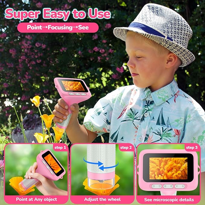 3" Screen Digital Microscope for Kids: 1000X Rechargeable Mini Pocket Portable Miniscope Magnifying Glass 4K Coin Jewelry Loupe Edu Science STEM Toy Xmas Gift 4-12 Boys Girls