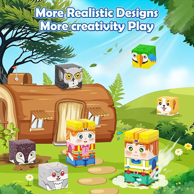 Magnetic Blocks with Forest Animals, Magnetic Building Blocks Magnet Cube Toys Stacking, Build Forest World Set, STEM Montessori Sensory Toys for Kids Boys Girls Age 3 4 5 6 7 8 9 10 Gifts