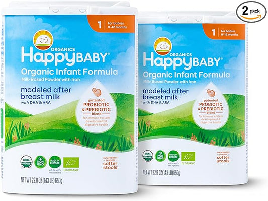 Happy Baby Organics Stage 1 Infant Formula, 0-12 Months, Milk Based Organic Baby Formula Powder with Iron, Probiotics & Prebiotics for Immune & Digestive Support, 22.9 Ounce (Pack of 2)