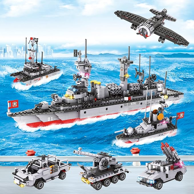 1296 Pieces Aircraft Carrier Building Blocks Set, Military Warship Battleship Building kit with Airplane, Patrol Boat, Army Car, Tank, Creative Roleplay Ship Gift Toys for Kids Boys Girls 6-12 Years
