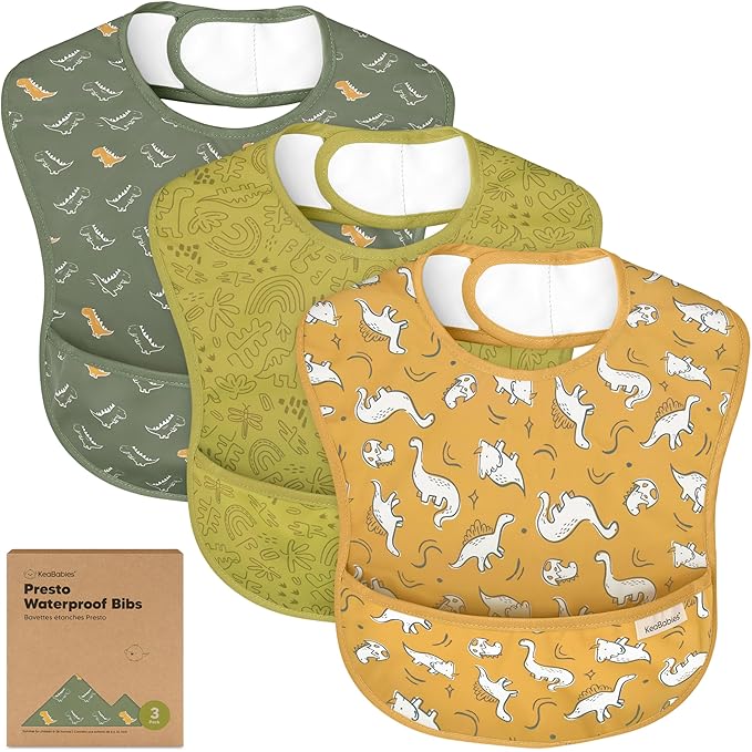 KeaBabies 3-Pack Waterproof Baby Bibs for Eating - Lightweight Toddler Feeding Bibs with Large Food Catcher, Mess Proof, Food-Grade Baby Eating Essentials, Easy to Put On & Clean (Mesozoic)