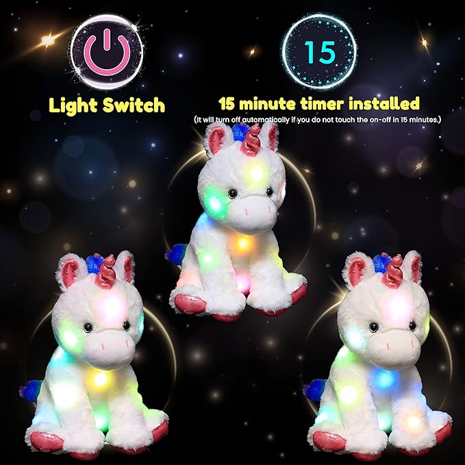 Hopearl LED Plush Unicorn Lighting Up Stuffed Animal Floppy Night Lights Glow in The Dark Birthday Festival for Kids Toddler Girls, White, 13''