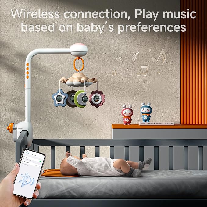 Tumama Baby Crib Mobile with Projection Night Light, Music and White Noise, Soft Plush Mirror Hanging Toys, Mute Spin Motor Nursery Toys for Infant 0-3, 6-9 Month Newborn Xmas Gift (Clouds)