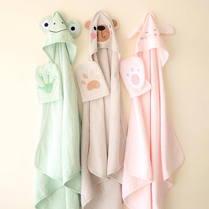 CuddleBug Hooded Baby Bath Towel & Washcloth Set (Bear) - 100% Cotton Terrycloth Hooded Baby Towels for Newborn & Toddler, Super-Soft & Ultra-Absorbent, Newborn Essentials (30" x 30") - Honey Beige