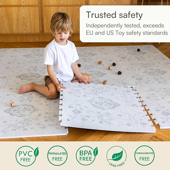 Lillefolk Baby Play Mat for Floor – 6x6ft Vintage Gray | Soft Non Toxic Premium EVA Foam Tiles for Tummy Time, Crawling & Playroom – Waterproof Interlocking Floor Mat for Babies & Toddlers (9 Tiles)