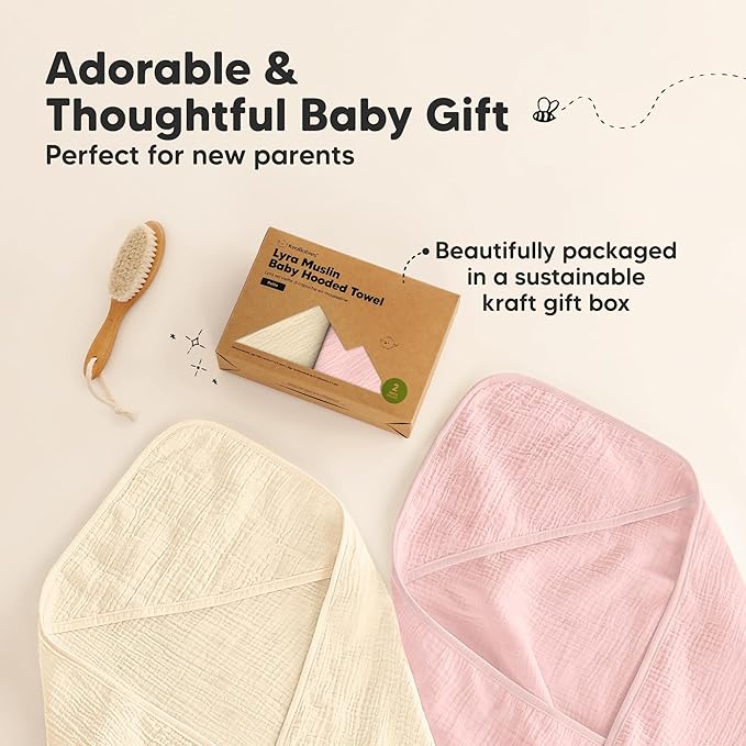 KeaBabies Muslin Hooded Baby Towels for Newborn Girls, Boys - 2-Pack, 30x30 Organic Cotton Baby Bath Towels Hooded, Soft Absorbent, Toddlers, Kids, Infant, Newborn Bath Essentials (Rose Ivory, Petite)
