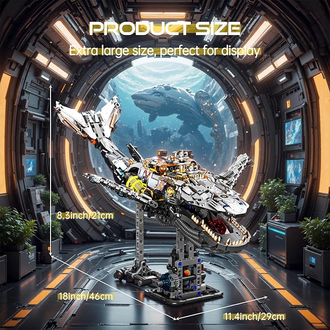 Mechanical Whale Building Set, Sea Animal Building Block Toy, Movable Ocean Animal with Display Stand, Home Decor Gift for Adults Teens Kids Boys（1388PCS）