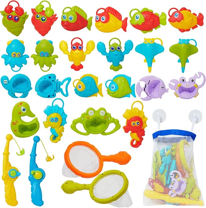 Toddler Bath Toys for Kids, 26PCS Mold Free Bath Toys with Hook-Type Fishing Rod Net Floating Sea Animals and Storage Bag, Bathtub Water Table Pool Toys for Toddlers and Babies