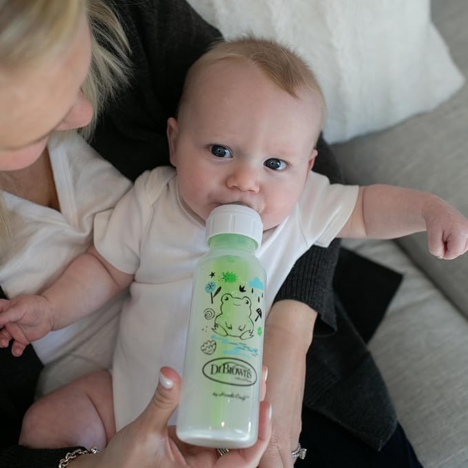 Dr. Brown's Natural Flow Anti-Colic Options+ Narrow Baby Bottle, Pig & Frog, 8 oz/250 mL, with Level 1 Slow Flow Nipple, BPA Free, 0m+, (Pack of 12)