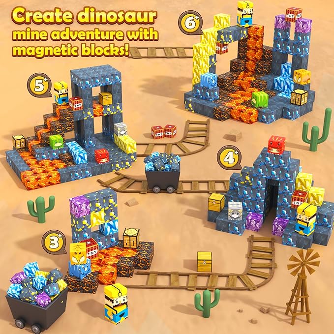 100PCS Magnetic Blocks-Build Mine Magnet World Jurassic Sword Dinosaur Toys Building Blocks for Boys Girls Ages 3-5 5-7, Classroom Must Haves Stem Education Sensory Kids Toys Christmas Birthday Gifts