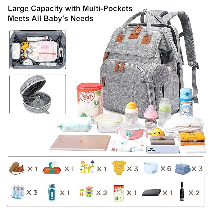 Diaper Bag Backpack Diaper Bag Multifunctional Waterproof Diaper Bag with Changing Station Travel Backpack with Changing Pad, Pacifier Case & Stroller Straps(Grey)