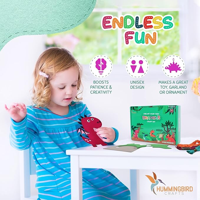 Hummingbird Crafts Sewing Kit for Kids Ages 8-12, Dragons DIY Craft Kits, Christmas Gift, Fun and Educational Sewing Kits for Kids, Sew Your Own Felt Animals