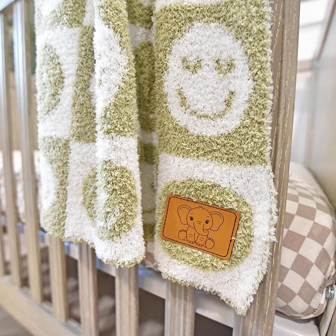 Checkered Smiley Face Baby Blanket 28"x40" - DreamSoft Knit Throw for Crib, Stroller or Car Seat -Receiving Blanket/Newborn Nursery Gift Essential Toddler, Infant, Kids Boys & Girls (Sage Green/White)